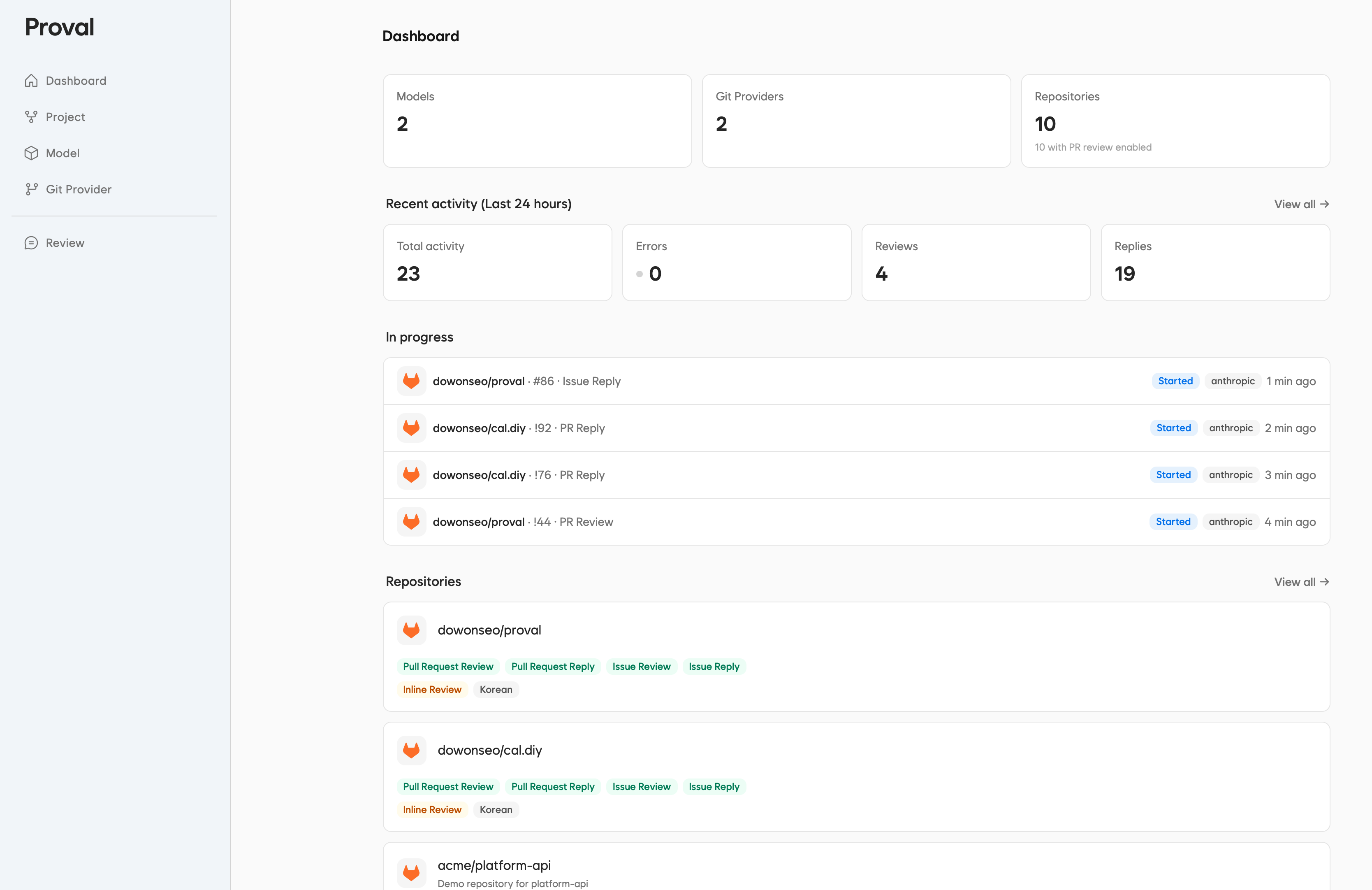 Proval dashboard showing review runs, models, and connected repositories