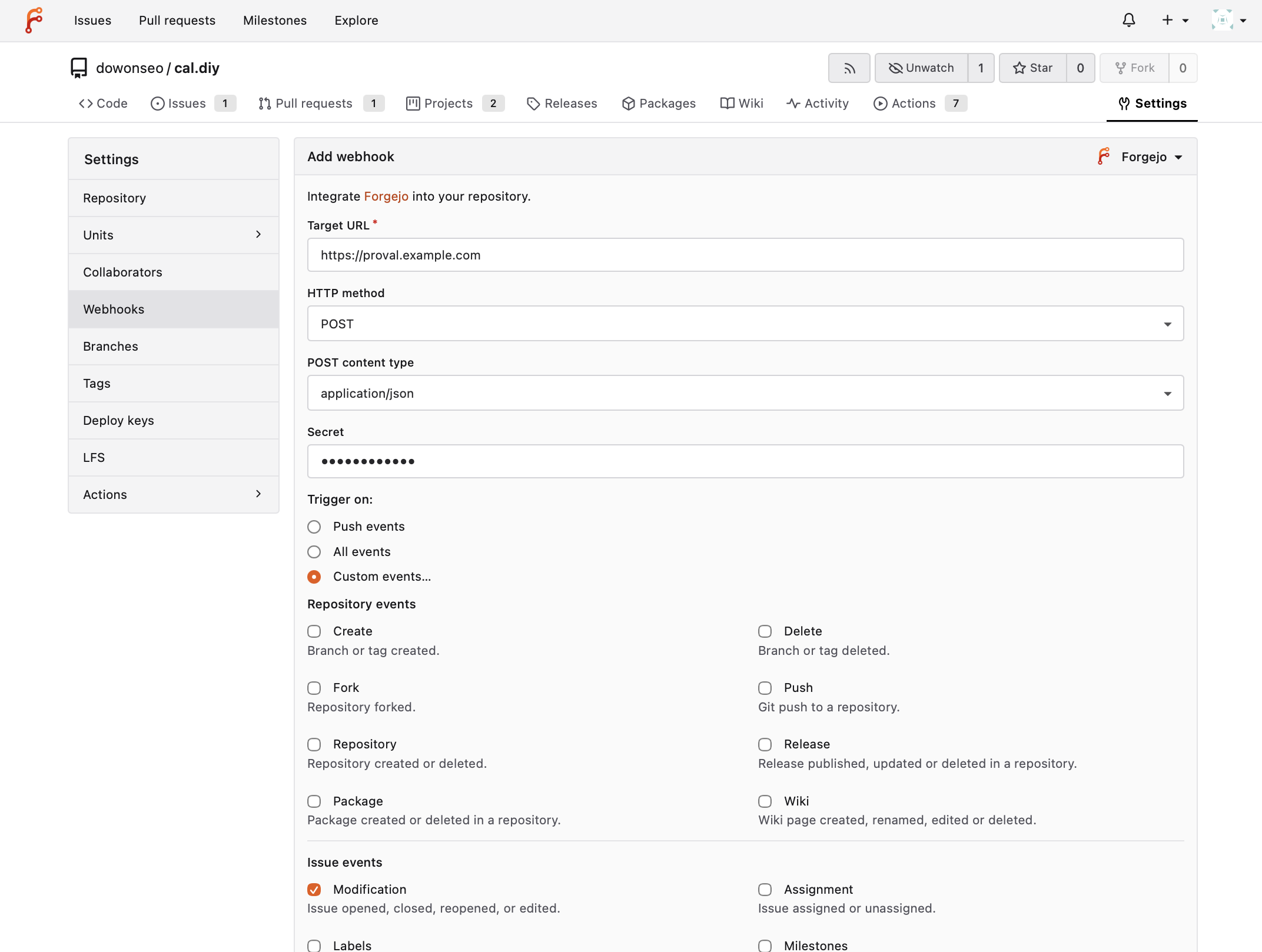Forgejo webhook form with URL and secret