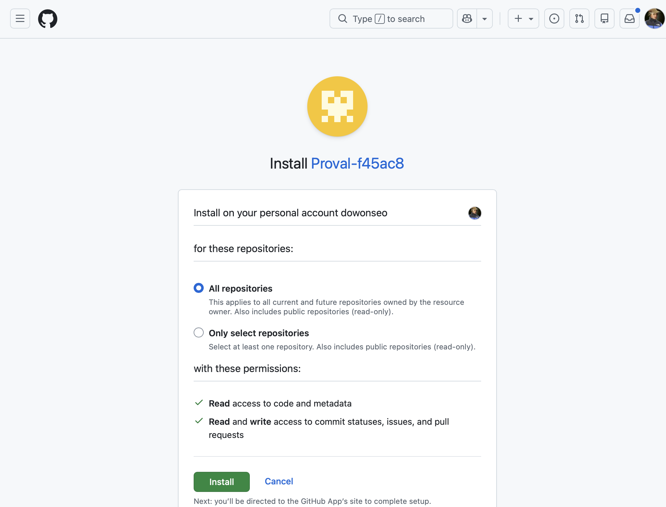Connected GitHub account in Proval