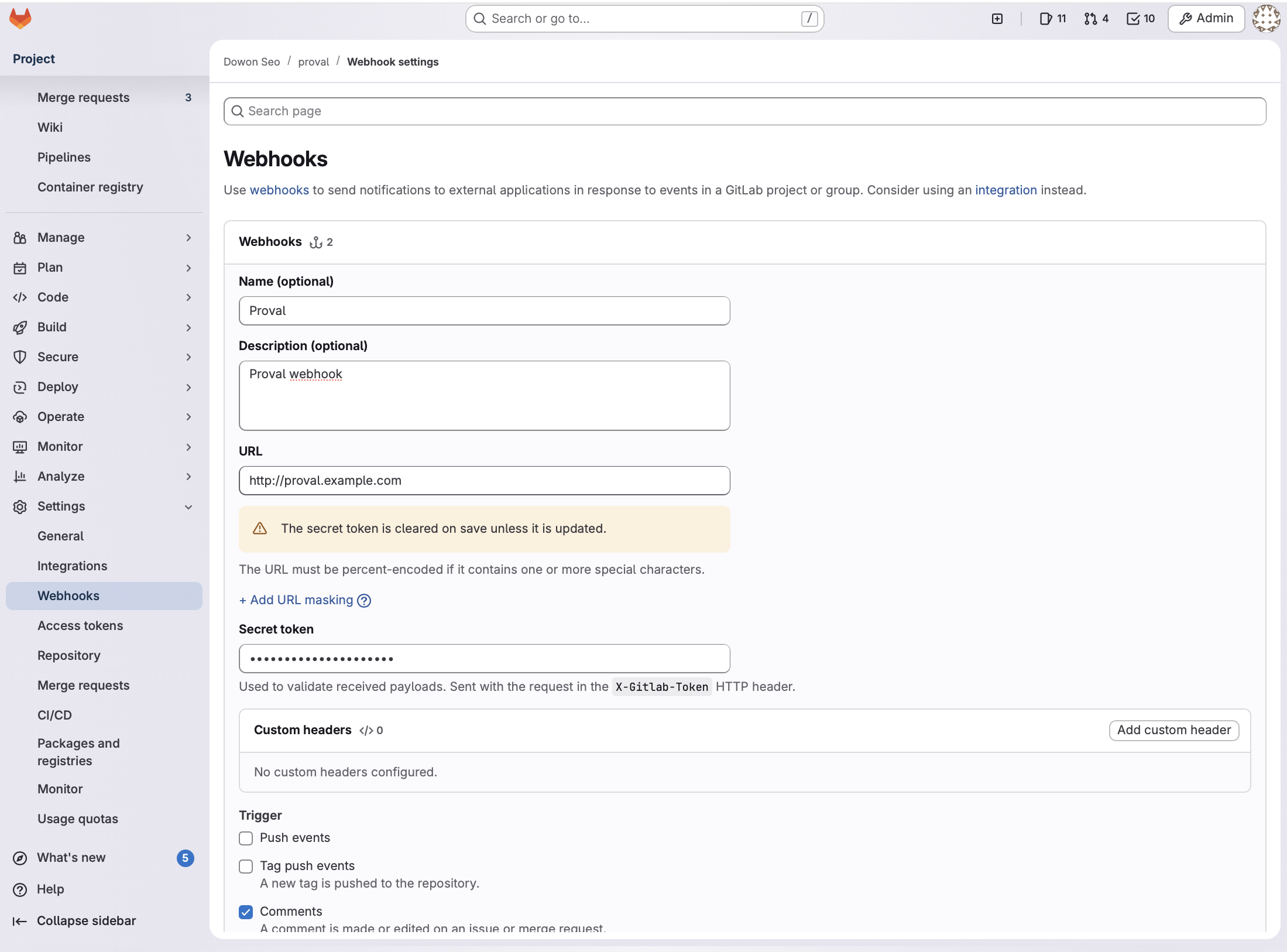 GitLab project webhook form with URL and secret