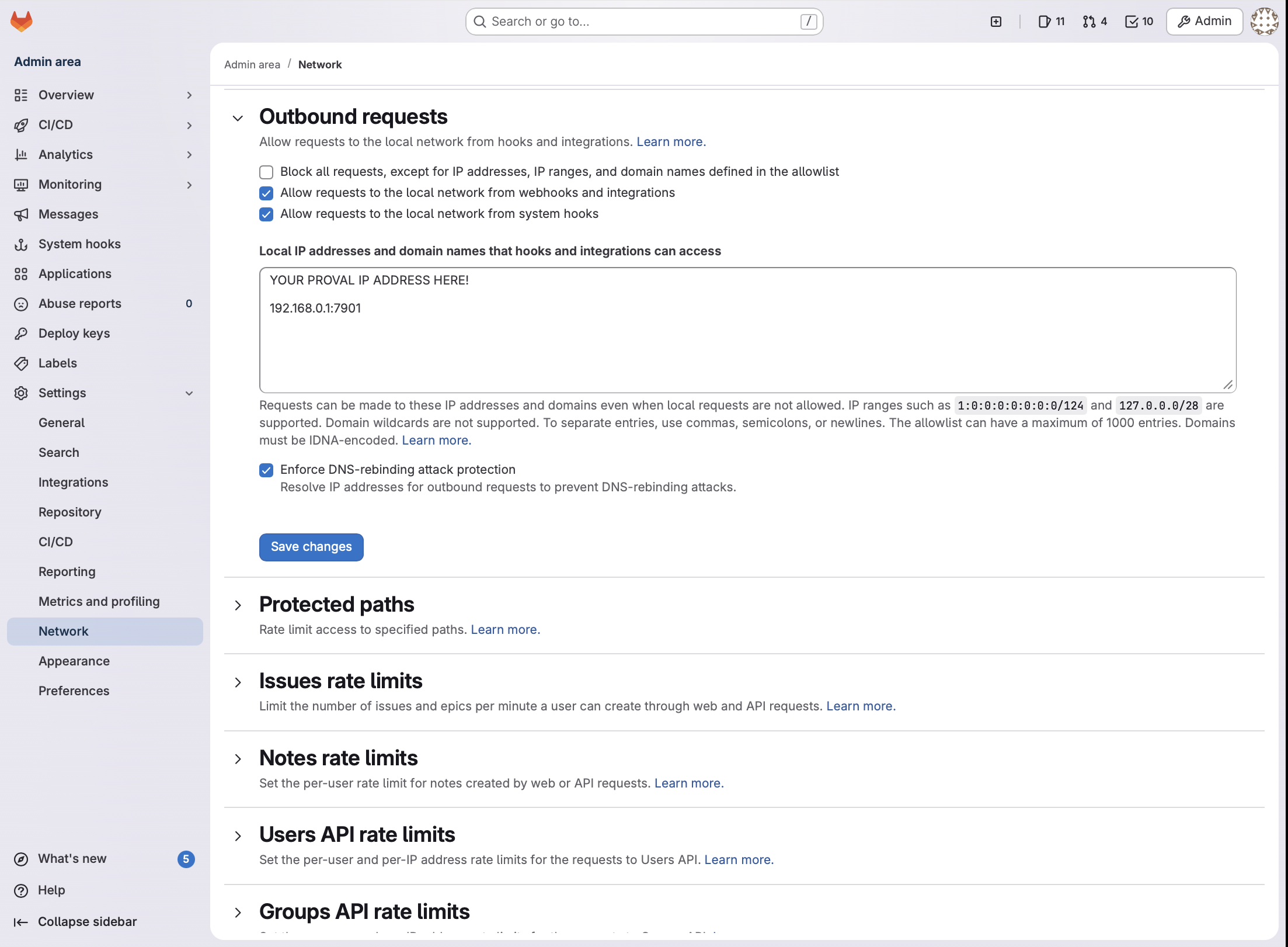 GitLab project webhook form with URL and secret
