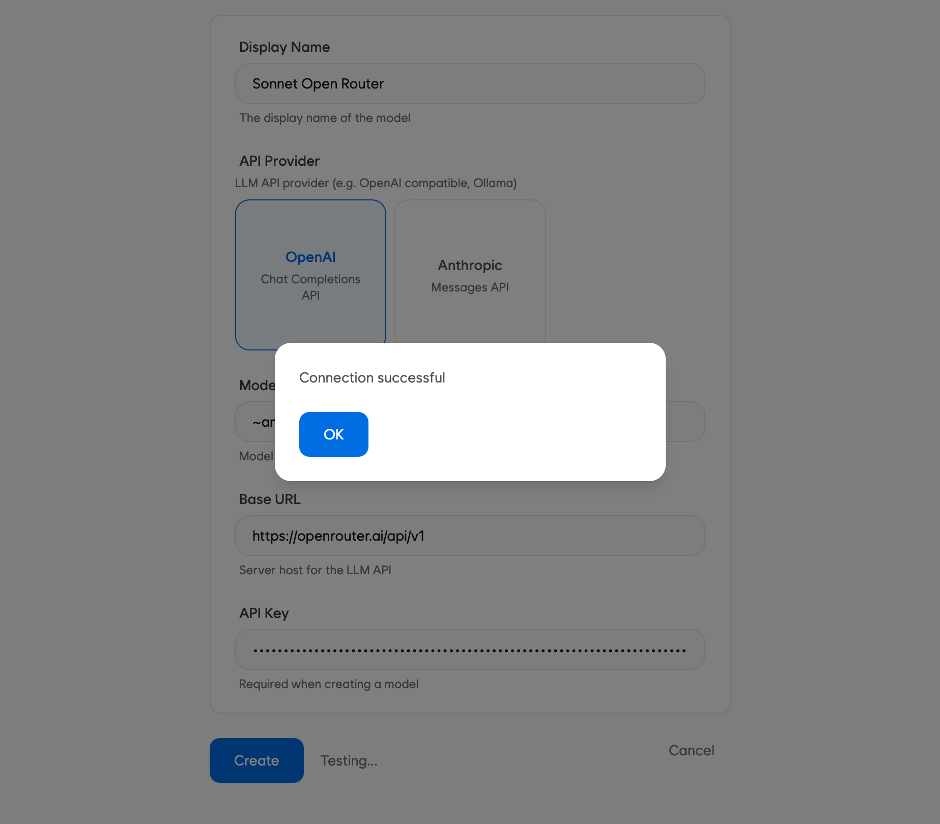 Proval connection test success dialog